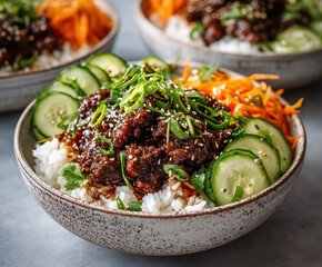 Korean Gochujang Ground Beef Bowl with Rice and Fresh Vegetables created with Generative AI Technology, ai, generative