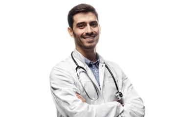 Portrait of smiling doctor posing with arms crossed, wearing a stethoscope