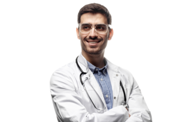 Smiling confident male doctor or physician in a white coat and glasses, looking to the side