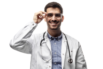 Smiling male doctor or physician adjusting his glasses, wearing a white coat and stethoscope