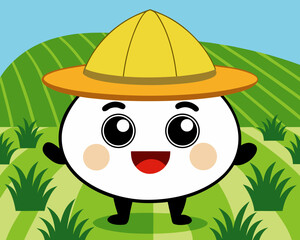 Cartoon character with conical hat in rice field Vector
