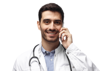 Male doctor with stethoscope talking on the phone during medical consultation or appointment