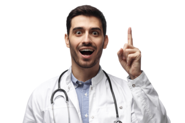 Excited doctor with stethoscope pointing finger up having brilliant idea or eureka moment discovery