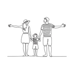 A family of three stands together depicted in a continuous line drawing style