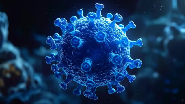 Abstract Macro Shot Of A Glowing Blue Microscopic Virus Cell On Dark Background