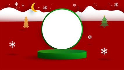 Vibrant Christmas themed product display with a green cylindrical pedestal podium and a circular white frame on a festive red background, featuring paper-cut style snow hills, snowflakes, a moon, and 