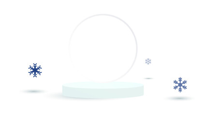 Minimalist 3D winter product display with a light blue cylindrical pedestal podium and a clear circular frame on a white background, accented by floating blue snowflakes for a serene holiday promotion