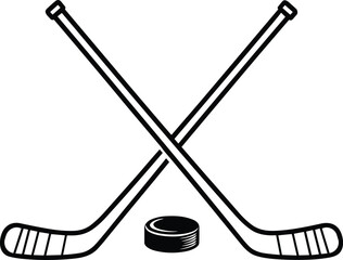 Black and White Vector Illustration of Two Crossed Ice Hockey Sticks with a Puck Centered Below, Representing the Sport and Athletic Competition.