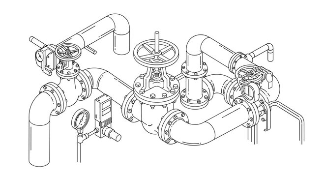 A detailed technical line drawing of a complex industrial piping system with valves, flanges, and a pressure gauge.