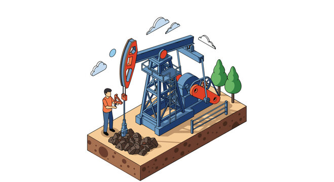 An isometric illustration of an oil pumpjack with a worker, representing the fossil fuel and petroleum extraction industry.
