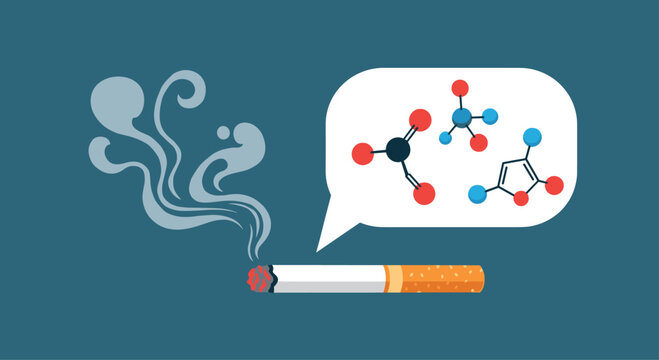A lit cigarette emitting smoke and a speech bubble containing the molecular structures of harmful chemicals found in it.