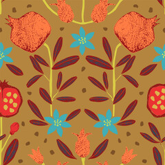 Textured floral pattern. Design in burnt yellow, orange, and blue tones.