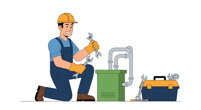 Happy plumber in a hard hat and uniform kneeling with wrenches to perform maintenance on a water system next to his toolbox.