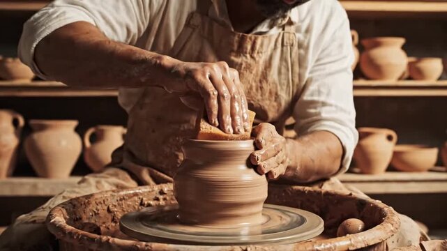 A potter shapes moist clay on a spinning wheel, hands steady in a warm, earthy studio. Crafting, now