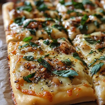 Delicious Rectangular Pizza with Basil and Garlic Toppings