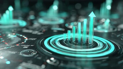 Transparent bar graph with glowing teal elements and arrow on a digital interface background, symbolizing financial growth and data analytics - Powered by Adobe