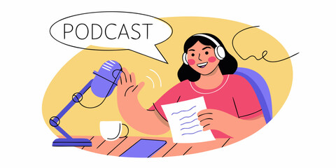 Woman recording a podcast with a microphone and notes enjoying the process