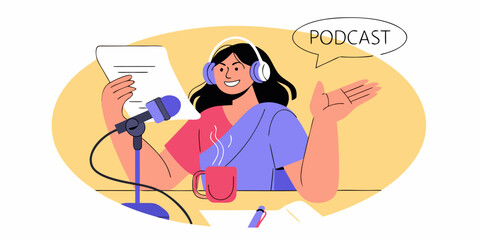 Woman recording a podcast with a microphone notes and a warm beverage
