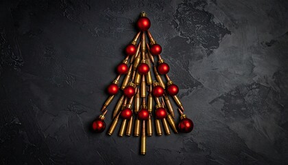 Naklejka premium Creative Christmas tree shape formed from ammunition and red ornaments on dark background.