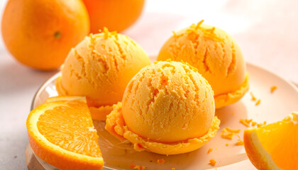 Three scoops orange ice cream glass bowl plate slices orange scattered blurred background watermark sweet dessert summer treat food generative AI