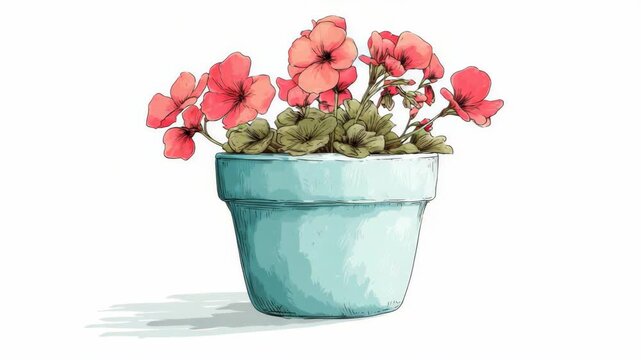Blooming pink geraniums with green leaves in a turquoise ceramic pot, hand-drawn style on white background, symbolizing home decor and nature