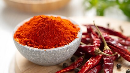 Bowl of vibrant red ground spice with fresh chili peppers