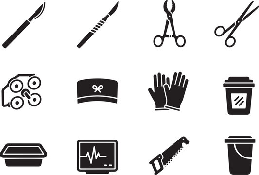 Black and White Silhouette Vector Icon Set of Surgical, Medical, and Healthcare Tools, Equipment, and Supplies for Emergency Room and Hospital Use