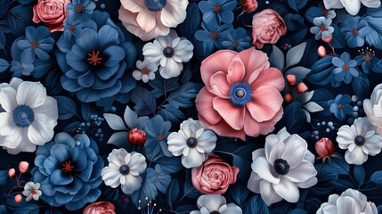 3D paper art style flowers with blue background and pink orange flower illustrations