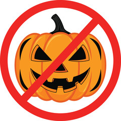 No Halloween pumpkin sign with crossed out jack o lantern, red prohibition circle, flat vector warning icon