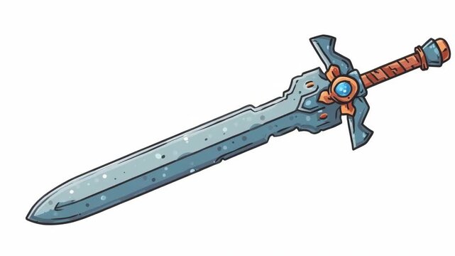 Magical fantasy sword with blue blade and ornate hilt featuring a gem, cartoon style on white background, concept of adventure and power