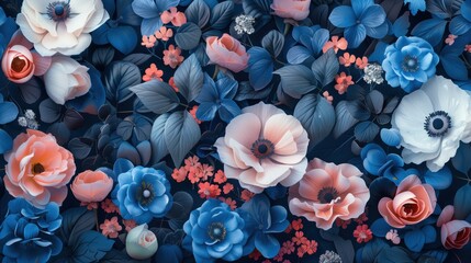 3D paper art style flowers with blue background and pink orange flower illustrations