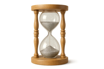 Hourglass marking passing time and deadlines with sand flowing from top to bottom, featuring a wooden frame and clear glass