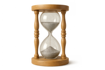 Hourglass marking passing time and deadlines with sand flowing from top to bottom, featuring a wooden frame and clear glass