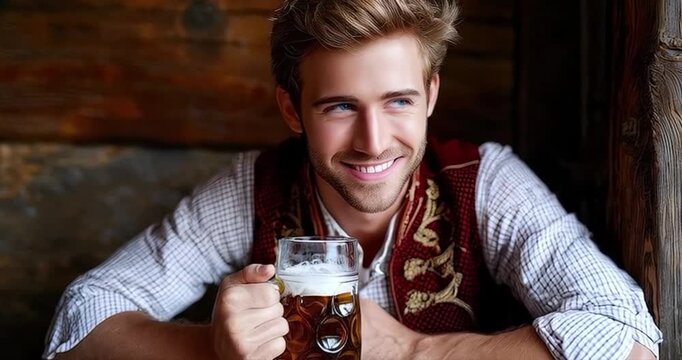 Man holding beer mug smiling indoors