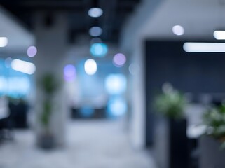 Obraz premium Abstract blurred modern office interior background with cool blue tones and soft bokeh lights