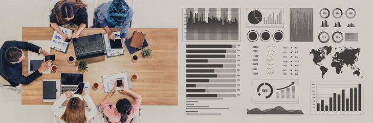 A diverse group of professionals engaged in a collaborative business meeting, analyzing digital data on charts and graphs, fostering effective teamwork. Impute