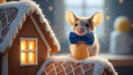Festive Winter Scene Adorable Mouse and Cozy Glowing Gingerbread House