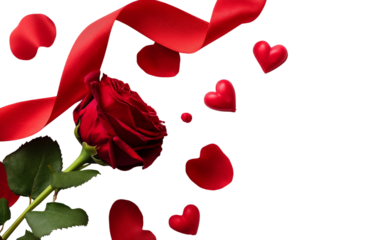 Red Rose Ribbon and Hearts isolated on a transparent background