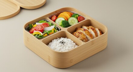 Beautifully arranged bento box with grilled chicken, rice, and fresh vegetables isolated on neutral background
