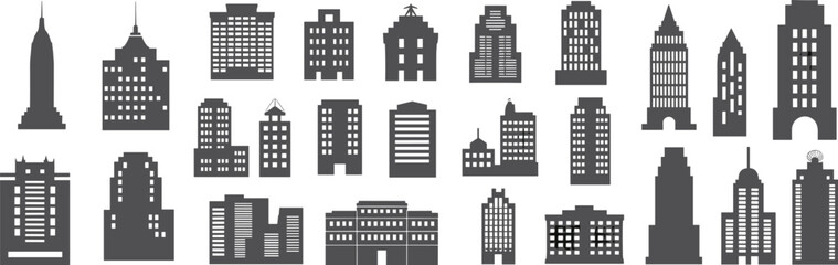 Urban skyline silhouette set of modern city buildings, skyscrapers, architecture icons for design, planning, construction, and real estate themes