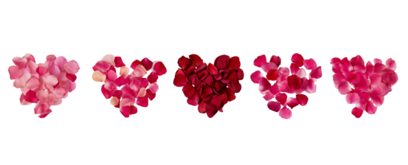 Five Heart Shapes Made of Rose Petals isolated on a transparent background 1