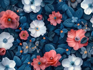 3D paper art style flowers with blue background and pink orange flower illustrations