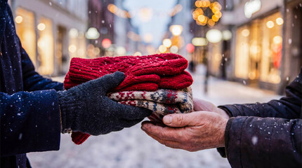 Volunteer giving warm knitted mittens scarf to homeless person winter christmas charity cold weather protection clothing donation help social support kindness humanitarian aid holiday season concept
