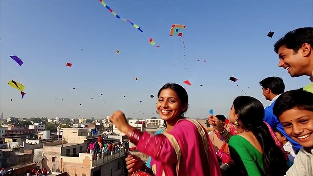 Indian Kite Festival. Women Enjoying a Vibrant Kite-Flying Celebration with Colorful Kites Filling the Sky.

