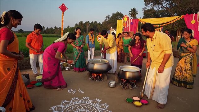 Indian Village Celebration. Group of People Enjoying a Festive Gathering with Traditional Food and Decorations Outdoors.