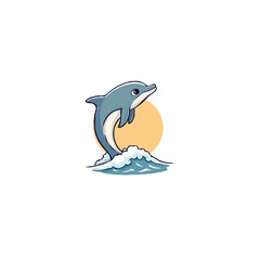Stylized cartoon dolphin breaching ocean wave against a sunlit backdrop for children designs and