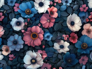 3D paper art style flowers with blue background and pink orange flower illustrations