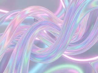 Abstract shimmering ribbons intertwine, displaying a futuristic and surreal design in soft pastel tones, creating an alluring and captivating visual experience.