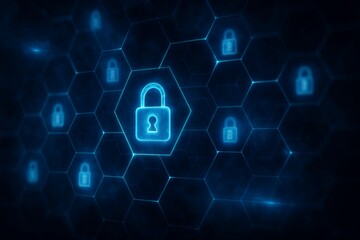 Cybersecurity Network Protection Concept with Glowing Digital Padlock Icons on Hexagonal Grid.