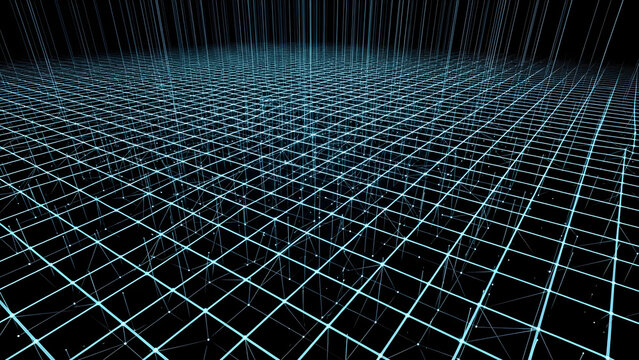 Modern abstract tech background with an illuminated blue wireframe grid extending into the distance, showcasing data connections and virtual space